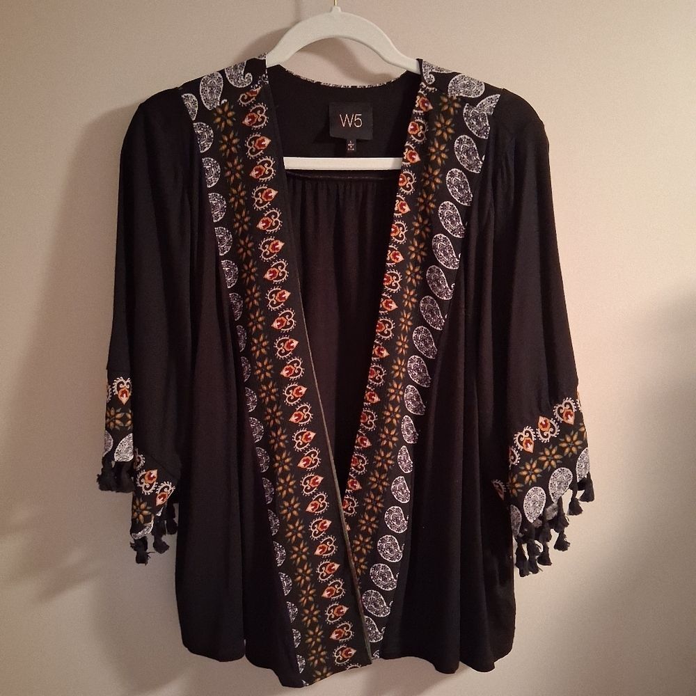W5 Black Open Cardigan Kimono with Colorful Trim and Tassel Fringe